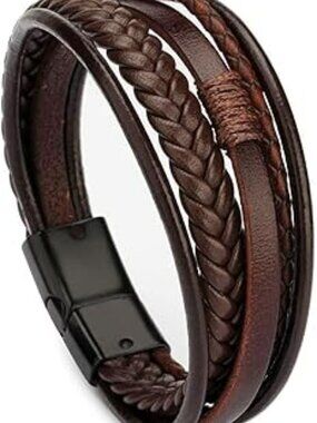 Boho Leather Cuff Bracelet Layered Leather Wrap Bracelet Beaded‎ Cuff Brown